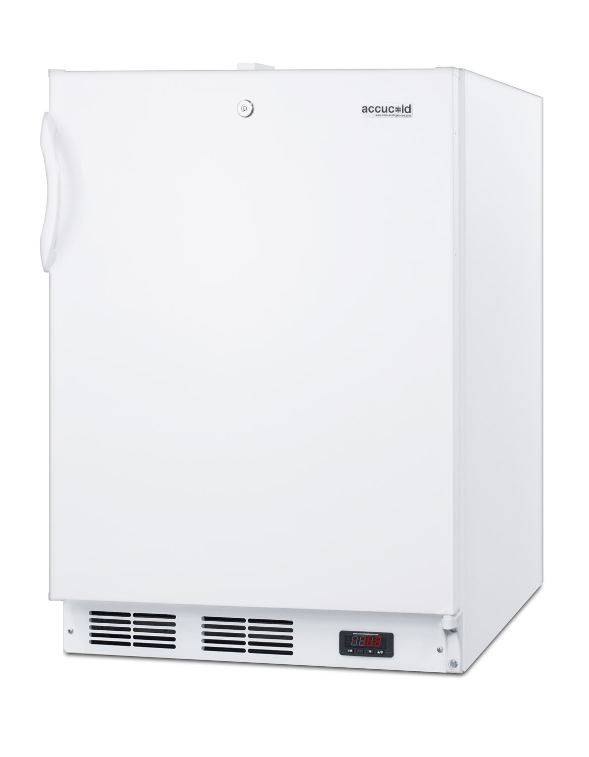 Built-in ADA compliant undercounter frost-free all-freezer for general purpose use, with white exterior, digital thermostat, and lock